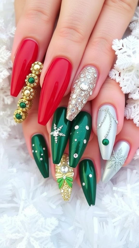 A collection of elegant coffin-shaped Christmas nail designs in red, green, and glitter.